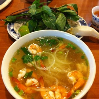 Pho So 1 - Regular size bowl of shrimp pho with all the trimmings on plate behind! - Vietnamese Near Me - Gardena, California