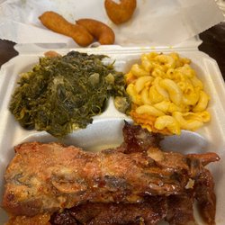Abrams - Rib dinner with greens and Mac and Cheese
