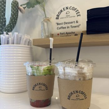 Broken Coffee - Fort Apache - Left: Broken Cream Strawberry Matcha Latte Right: Broken Cream Roasted Matcha (Hojicha) Latte - Coffee & Tea Near Me - Las Vegas, Nevada Broken Coffee - Fort Apache - Left: Broken Cream Strawberry Matcha Latte Right: Broken Cream Roasted Matcha (Hojicha) Latte - Coffee & Tea Near Me - Las Vegas, Nevada