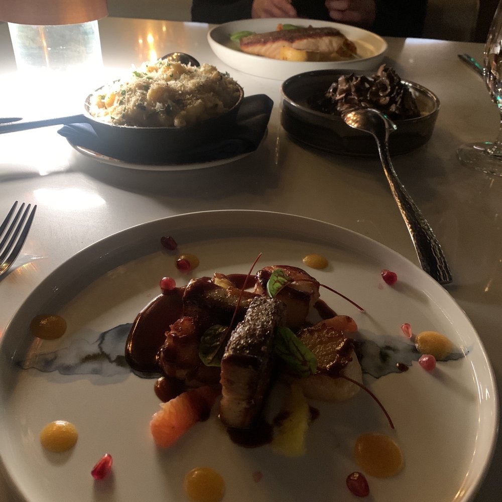 Ramsay's Kitchen - Pan seared scallops with pork belly. Mac and cheese. Mushrooms Grilled Salmon. - New American Near Me - Las Vegas, Nevada Ramsay's Kitchen - Pan seared scallops with pork belly. Mac and cheese. Mushrooms Grilled Salmon. - New American Near Me - Las Vegas, Nevada