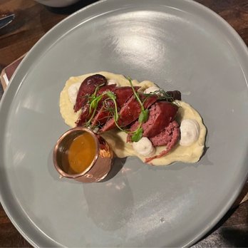 Block Restaurant - Daily Special (at the time): Beef/elk sausage, horse radish sauce, brown gravy and mushrooms - New American Near Me - Provo, Utah
