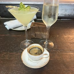 Espresso, cucumber martini, prosecco