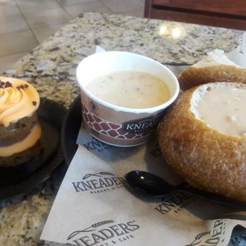 Kneaders Bakery & Cafe - The "Pumpkin Chocolate Chip Petite Cake" (very good!) and the "Asiago Bisque" bread bowl. - Bakeries Near Me - Glendale, Arizona Kneaders Bakery & Cafe - The "Pumpkin Chocolate Chip Petite Cake" (very good!) and the "Asiago Bisque" bread bowl. - Bakeries Near Me - Glendale, Arizona