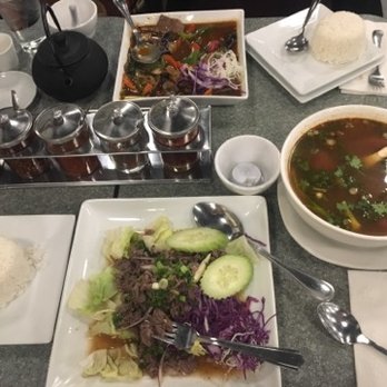 Thai Spice - Top is Spicy Eggplant W/Beef slices(special). right is Tom Yum Soup with chicken, bottom is the  Barb with ground beef - Thai Near Me - Albuquerque, New Mexico