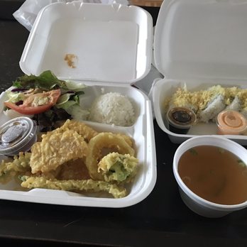 Yumi Sushi - Two item bento box to go with mixed tempura and crunch roll - Sushi Bars Near Me - Fallbrook, California