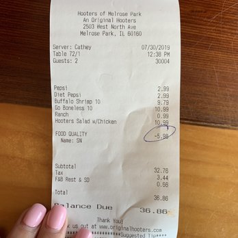 Hooters - Our receipt - Sports Bars Near Me - Melrose Park, Illinois