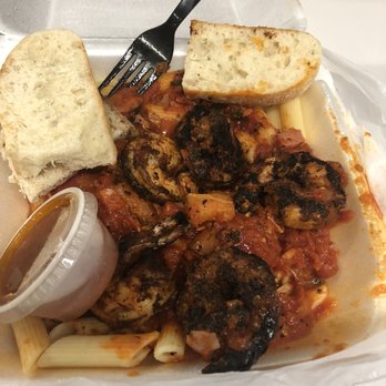 Fugazzis - The sauce isn't even mixed in.... and the shrimp are completely burnt. I'm so confused. - New American Near Me - Tulare, California