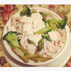 Shen Wang - Steamed chicken and broccoli, added tofu and asparagus. A+ I adore silken tofu.