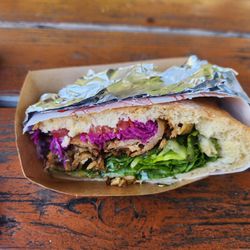 PDX Dönerländ - Our yummy Doner kabob cut in half.