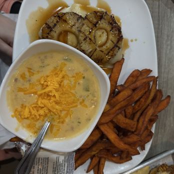 The Porch - Hawaiian chicken with a cup of potato soup and sweet potato fries - Bars Near Me - Hillsboro, Ohio The Porch - Hawaiian chicken with a cup of potato soup and sweet potato fries - Bars Near Me - Hillsboro, Ohio