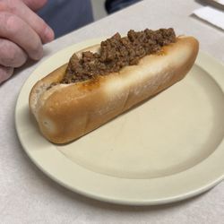 Pete’s Grill - Chili dog with onions and mustard (ask for it All the Way!)