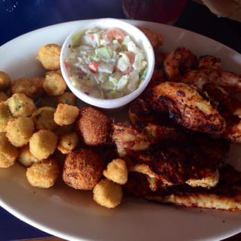 Shrimp Basket - Blackened shrimp and white fish with shrimp coleslaw and hush puppies - Seafood Near Me - Destin, Florida Shrimp Basket - Blackened shrimp and white fish with shrimp coleslaw and hush puppies - Seafood Near Me - Destin, Florida