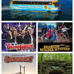 Branson shows: Grand Jubilee Show, Murder Mystery Dinner Show, Branson Duck Tour, Showboat Dinner Cruise and Talking Rocks Caverns.
