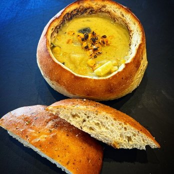 Yonx Pizza Bar & - Roasted Poblano Corn Chowder house-made scratch. Served in our house from made Italian rosemary bread bowl. - Pizza Near Me - Wylie, Texas Yonx Pizza Bar & - Roasted Poblano Corn Chowder house-made scratch. Served in our house from made Italian rosemary bread bowl. - Pizza Near Me - Wylie, Texas