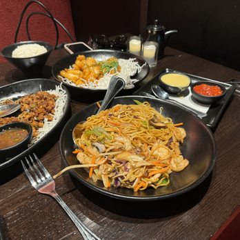 P.F. Chang's - Lo mein noodles, with the chicken lettuce wraps, and the honey  chicken.  The portion size was very generous. - Chinese Near Me - Mission Viejo, California