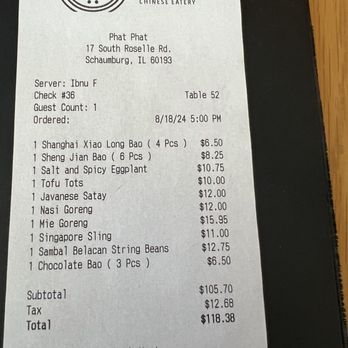 Phat Phat - My dinner order receipt, Sunday 8-18-2024 - Noodles Near Me - Schaumburg, Illinois