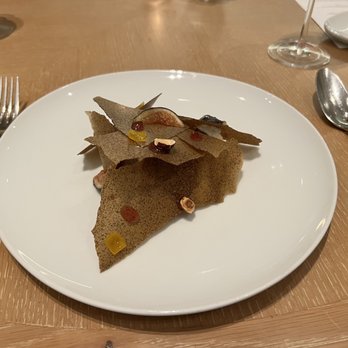 Knife Pleat - FIG nougat glacé, marinated fig, hazelnut buckwheat gavotte, candied orange - French Near Me - Costa Mesa, California Knife Pleat - FIG nougat glacé, marinated fig, hazelnut buckwheat gavotte, candied orange - French Near Me - Costa Mesa, California