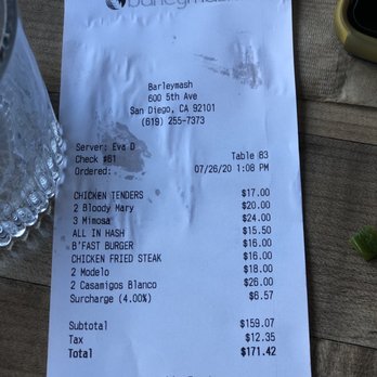 Barleymash - Not sure what the 4% surcharge is for though‍ - Sports Bars Near Me - San Diego, California
