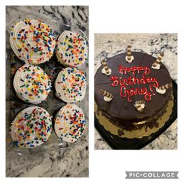 (L) Cookie Batter Ice cream cupcakes (R) 8 inch Midnight Delight Ice cream Cake (L) Cookie Batter Ice cream cupcakes (R) 8 inch Midnight Delight Ice cream Cake