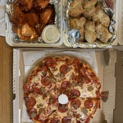 Six plump medium buffalo wings, 6 big garlic knots, small thick crust pepperoni and sausage pizza. Good and filling.