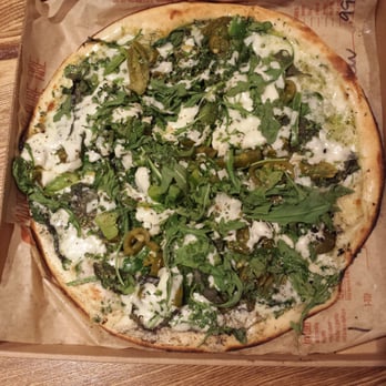 Blaze Pizza - The Green Pizza - triple cheese, jalapeños, arugula, spinach, basil, cilantro, pesto. Topped with oregano. - Pizza Near Me - Riverside, California Blaze Pizza - The Green Pizza - triple cheese, jalapeños, arugula, spinach, basil, cilantro, pesto. Topped with oregano. - Pizza Near Me - Riverside, California