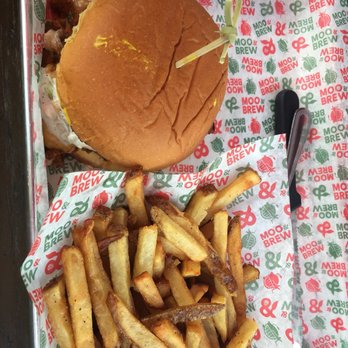 Moo & Brew - The main burger, topped with all the goodness - Beer Bar Near Me - Charlotte, North Carolina