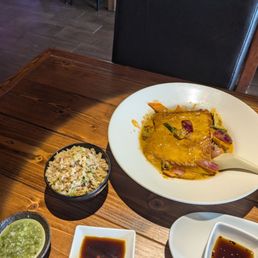 Red curry salmon, fried rice and fresh wasabi.