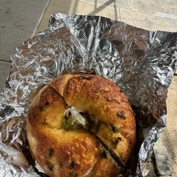 Jalapeño cheddar bagel with jalapeño cream cheese