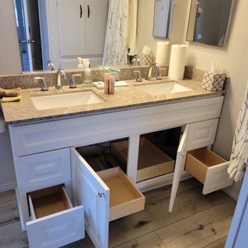 California Roll-Out Shelves - Vanity included modifying black out panels to drawers. - Home Organization Near Me - Upland, California
