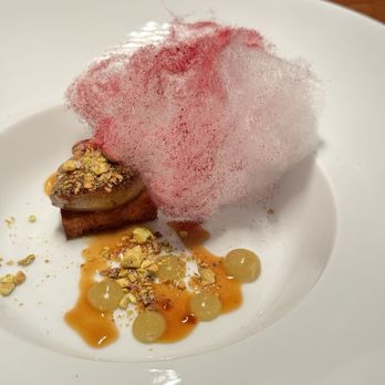 Partage - #4 dish- cotton candy, roasted pistachios, rhubarb purée infused with verbena, seared foie gras, orange blossom brioche - French Near Me - Las Vegas, Nevada