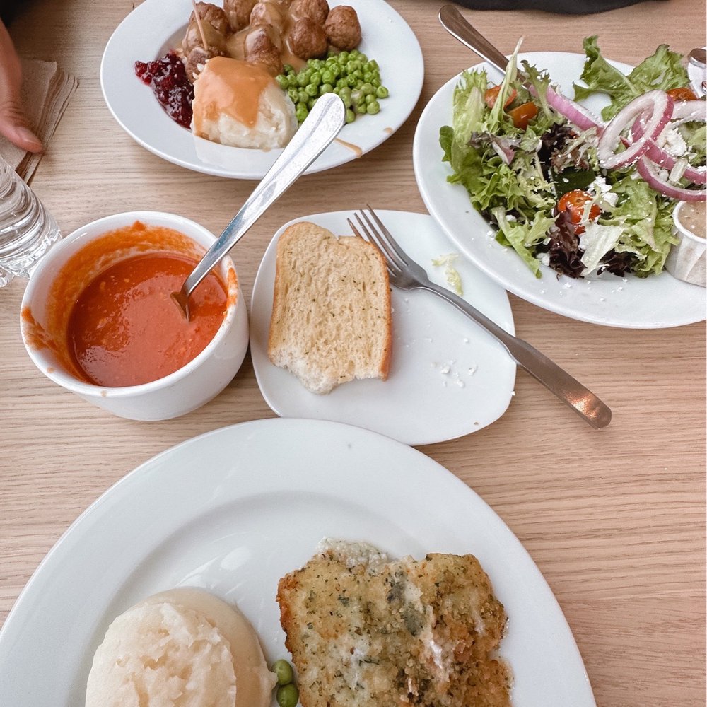 IKEA - Greek Salad, Tomato Soup w/ Garlic Bread, Garlic Lemon Cod (really delicious) - Scandinavian Near Me - Renton, Washington