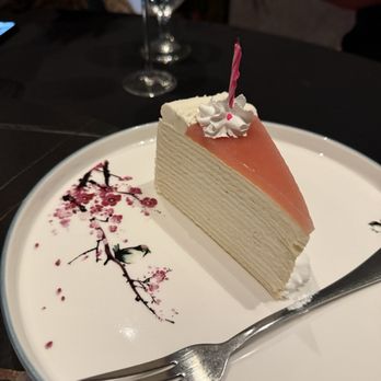 Lao Sze Chuan - Complimentary birthday cake - cherry blossom inspired layered crepe cake - Szechuan Near Me - North Bethesda, Maryland Lao Sze Chuan - Complimentary birthday cake - cherry blossom inspired layered crepe cake - Szechuan Near Me - North Bethesda, Maryland