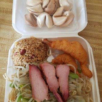 Ming Ho Kitchen - Special plate with fried shrimp. And a bag of fortune cookies just for leaving a tip! - Chinese Near Me - Fresno, California