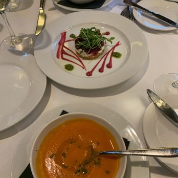 The Crossing - Butternut squash soup (front) and beet salad (back) - New American Near Me - Clayton, Missouri