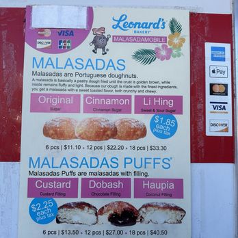 Leonard's Pearlridge Malasada Mobile - Menu 12/26/24 - Desserts Near Me - Aiea, Hawaii