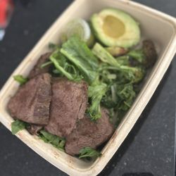 Naked Farmer - Grass Fed Steak, Salad, Charred Broccoli with Lemon Garlic, Avocado and Basil Pesto Sauce