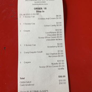 Batibionicos Ice Cream and Desserts - Receipt regarding pricing for crepes , crepes without fruit are $ 10.00 plus any add on - Ice Cream & Frozen Yogurt Near Me - Pico Rivera, California Batibionicos Ice Cream and Desserts - Receipt regarding pricing for crepes , crepes without fruit are $ 10.00 plus any add on - Ice Cream & Frozen Yogurt Near Me - Pico Rivera, California