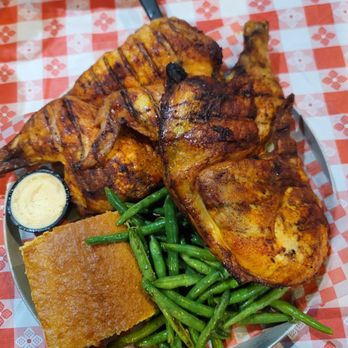 Big Guy's BBQ Roadhouse - Whole massive chicken the size of a turkey! Sides are green beans and cornbread. - Barbeque Near Me - Hudson, Wisconsin