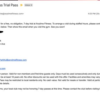 Anytime Fitness - The guess pass clearly says it's for Cliffside Park, and "free, no obligation, 7-day trial" - Gyms Near Me - Cliffside Park, New Jersey