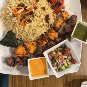 Majlis Restaurant - Chicken and Tikka plate with Qaboli (rice with raisin and carrots) - Persian/Iranian Near Me - Pittsburg, California