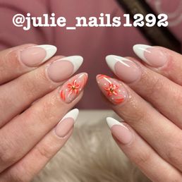 French tip, gel acrylic with orange flower detail French tip, gel acrylic with orange flower detail