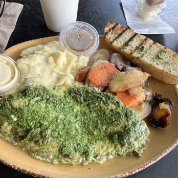 Urban Plates - Sea bass with mashed potatoes, sliced carrots and beets with rustic bread. Hollandaise sauce and gravy on the side. - Salad Near Me - Pasadena, California