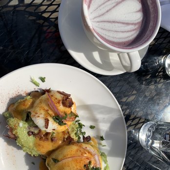 Fellows Cafe - Sweet potato Benedict w/ latte using oat milk - Breakfast & Brunch Near Me - Roswell, Georgia