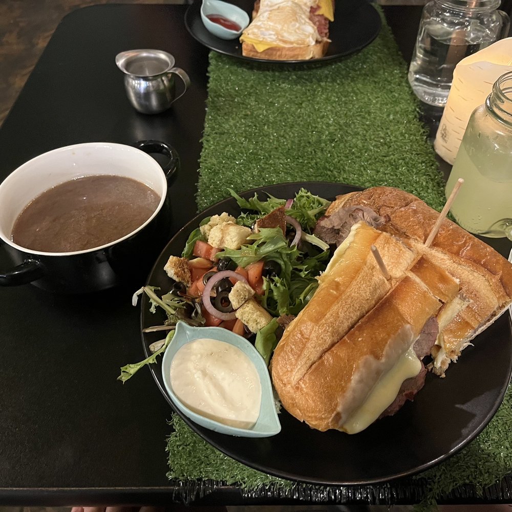 Elli’s Backyard - Steak Sandwich Lunch With au jus and horseradish sauce Substituted side salad in place of fries - American Near Me - Red Bank, New Jersey Elli’s Backyard - Steak Sandwich Lunch With au jus and horseradish sauce Substituted side salad in place of fries - American Near Me - Red Bank, New Jersey