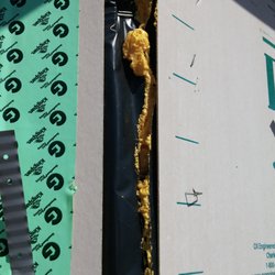 D R Horton America's Builder - huge gaps in crappy thermoply sheathing. Had to point this out numerous times to builder. His fix was to spray a little foam in there.