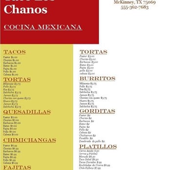 Tacos Los Chanos - Somewhat legible menu - Mexican Near Me - Mckinney, Texas Tacos Los Chanos - Somewhat legible menu - Mexican Near Me - Mckinney, Texas
