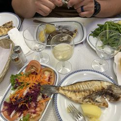 O Cerveirense - Fish of the day, mixed salad, sides, and delicious white sangria.
