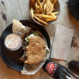 Heritage Burger, french fries with chipotle seasoning, ranch dip & a Cane Cola Bottle Heritage Burger, french fries with chipotle seasoning, ranch dip & a Cane Cola Bottle