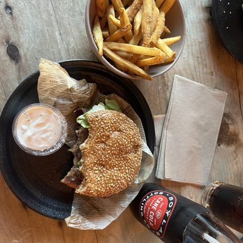 Roam Artisan Burgers - Heritage Burger, french fries with chipotle seasoning, ranch dip & a Cane Cola Bottle - Burgers Near Me - Lafayette, California Roam Artisan Burgers - Heritage Burger, french fries with chipotle seasoning, ranch dip & a Cane Cola Bottle - Burgers Near Me - Lafayette, California