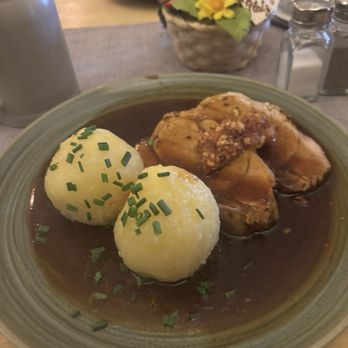 Wirtshaus Ayingers - Roasted pork with potato dumplings (not pictured is the cabbage salad) - German Near Me - Munich, BY